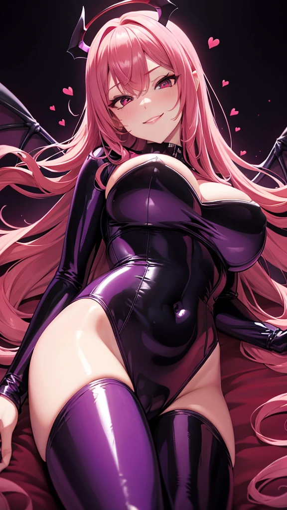 Erotic Tall busty adult married woman, female executive in shiny purple rubber suit, bedroom with red hearts on a black background, dark theme, evil, temptation, excitement, condescending smile, sexy pose, upper body emphasis, lying on man, angle from below, bat wings, succubus