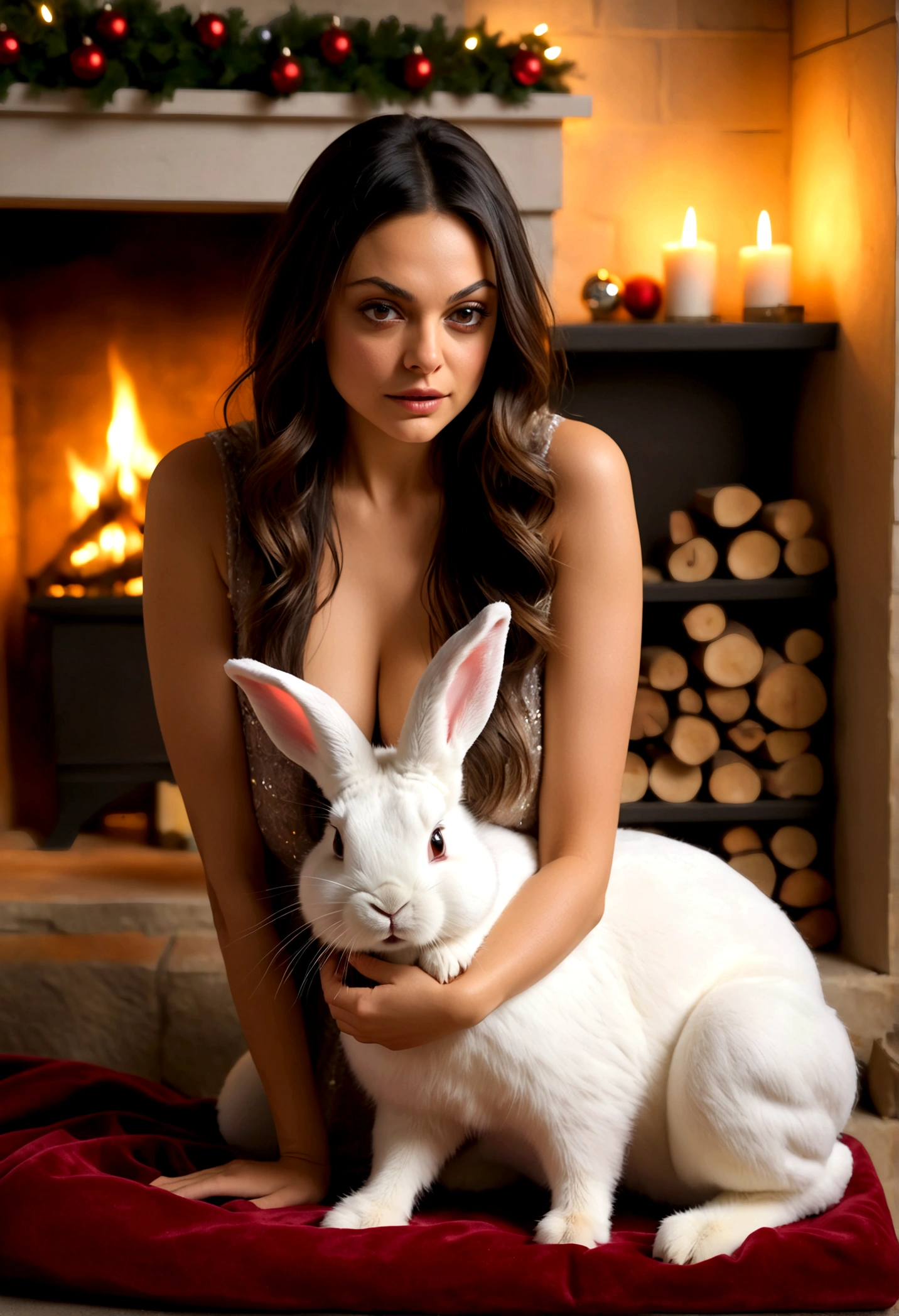 Mila Kunis a beautiful young woman (Mila Kunis, age 25), wearing an airy sheer Christmas night gown (shoulders exposed, deeply plunging neckline) , nude except for night gown, her intimate areas partially exposed and very detailed, playing (commonly bent over or kneeling petting the bunny, ass and pussy fully exposed to viewer) with a baby bunny by an old-fashioned fireplace with a roaring fire, playing with and petting a cute baby bunny, Christmas scene (best quality, 4k, 8k, highres, masterpiece:1.2), ultra-detailed, (realistic, photorealistic, photo-realistic:1.37), HDR, UHD, studio lighting, ultra-fine painting, sharp focus, physically-based rendering, extreme detail description, professional, vivid colors, bokeh, portrait, figurative, intimate, sensual, cozy, Christmas, warm lighting, chiaroscuro (show her entire body, show all of her)