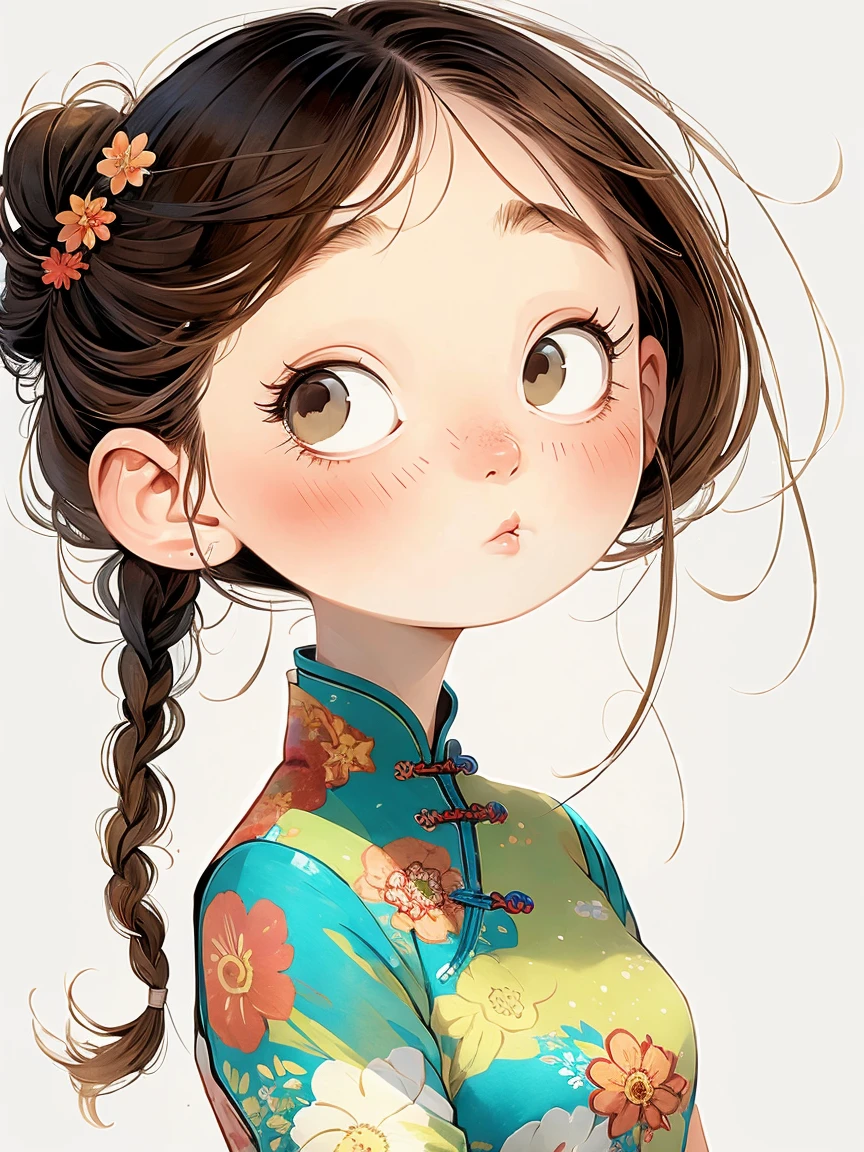 (masterpiece, best quality:1.2), watercolor,cartoonish character design。1 girl, Solitary,big eyes,Cute expression,Two braids,cheongsam,portrait,interesting,interesting,Clear lines,Leave blank,