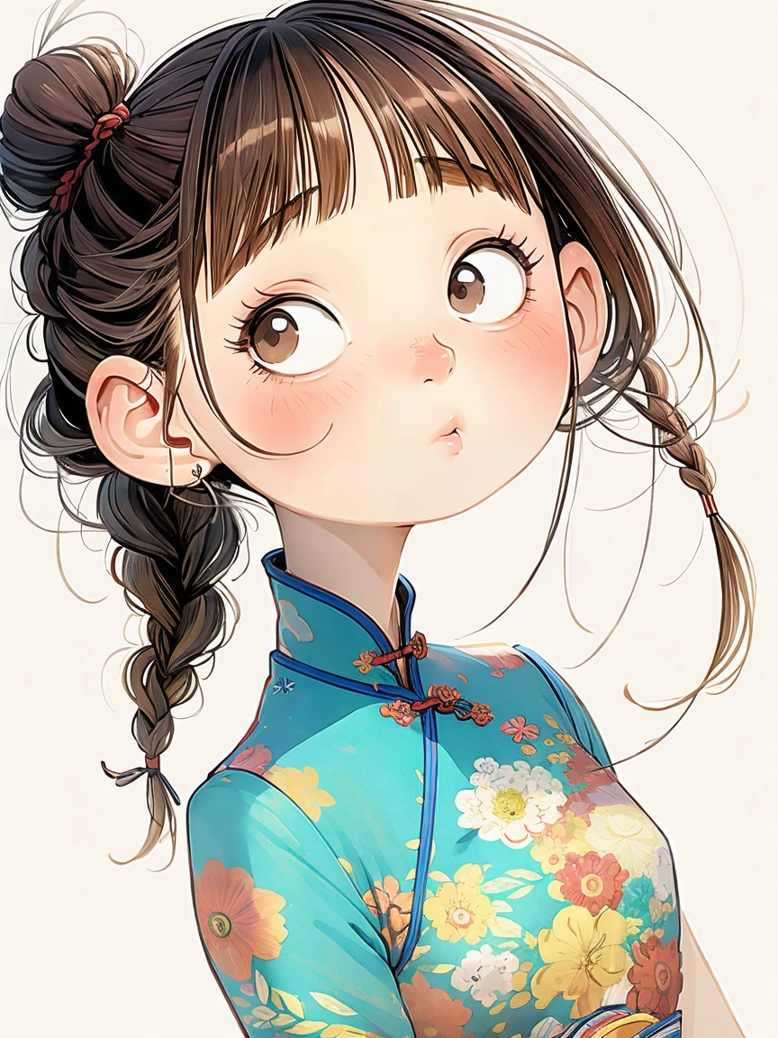 (masterpiece, best quality:1.2), watercolor，cartoonish character design。1 girl, Solitary，big eyes，Cute expression，Two braids，cheongsam，portrait，interesting，interesting，Clear lines，Leave blank，
