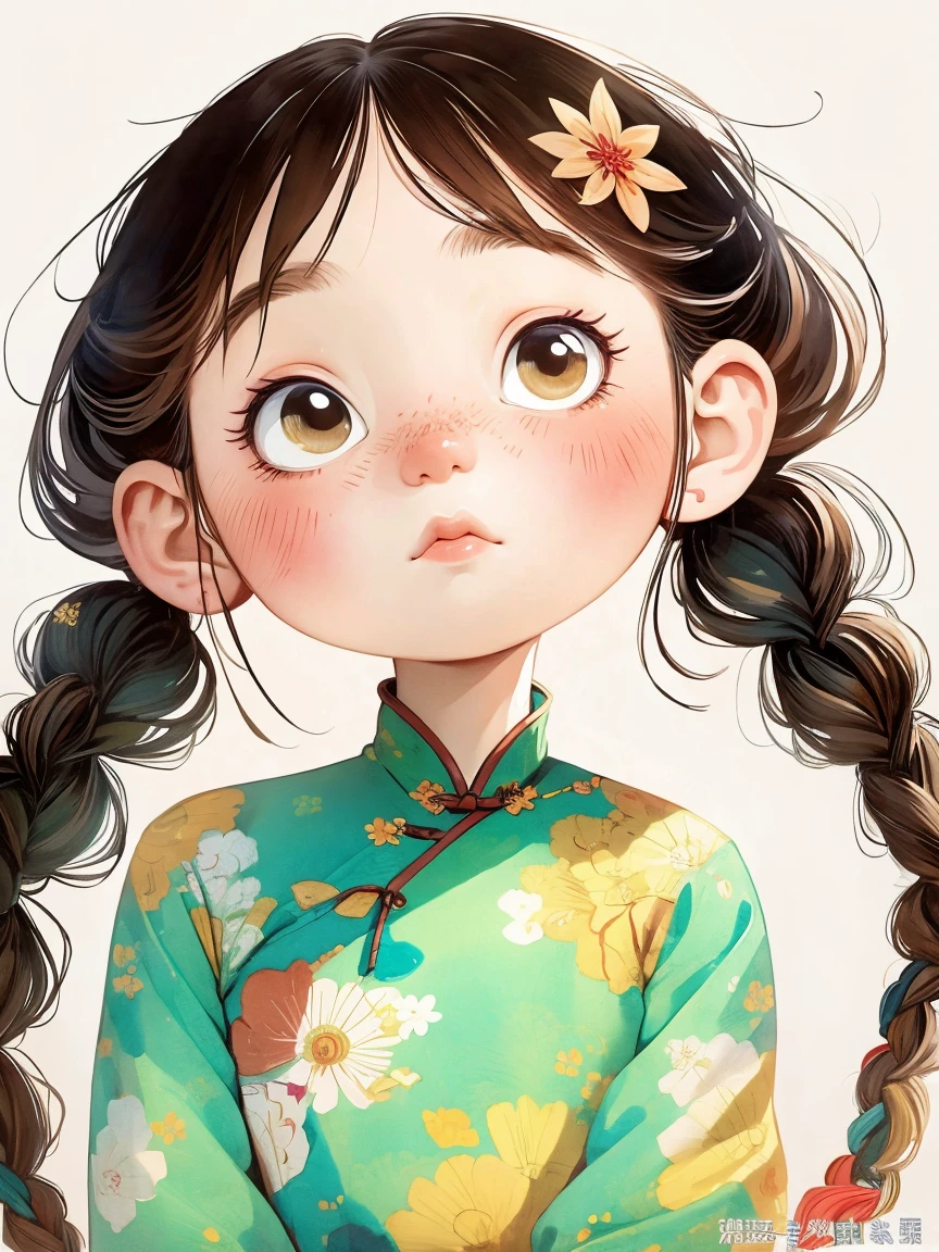 (masterpiece, best quality:1.2), watercolor,cartoonish character design。1 girl, Solitary,big eyes,Cute expression,Two braids,cheongsam,portrait,interesting,interesting,Clear lines,Leave blank,