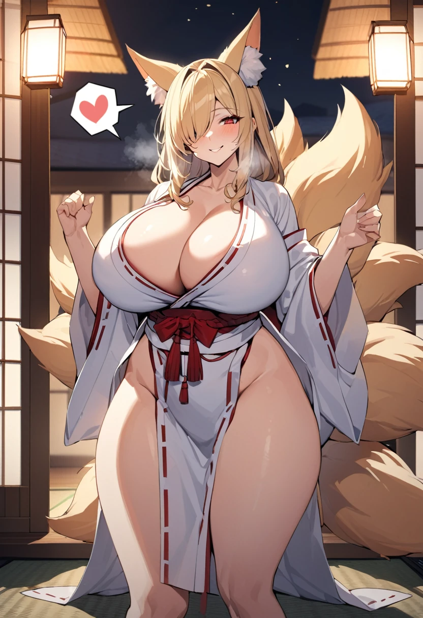 Highest quality、One girl, Mature Woman, Mature Woman, Japanese-style room、Tatami room、Sliding doors、Dark room、Voluptuous body,  Huge breasts, Saggy breasts, Wide Hips,  Miko costume, barefoot, Cleavage, Are standing, Blonde Nine Tails, smile, Short blonde, Red eyes, at night, 8K, masterpiece、milf、Fox Ears、Lantern、Sliding doorsを開けて迎え入れる、Sexy look、solo focus、spoken heart、(breast focus:1.1)、mature female、gleaming skin、naughty face、heavy breathing、One eye is covered by hair、hair over one eye 、(部屋の奥にOpen-air bath)、Hot spring inn、Open-air bath