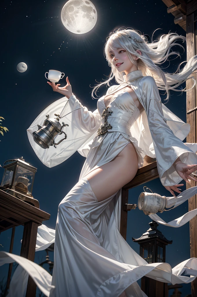 1girl, ghost girl, silver hair, white eyes, white skin, smile, long hair, flies, levitates in the air, white sheet, white cape, ghost, ghostly, translucent, holds a lantern, japanese lantern, holds a cup, tea, glass cup, glass teapot, tea, night, the moon, objects are flying