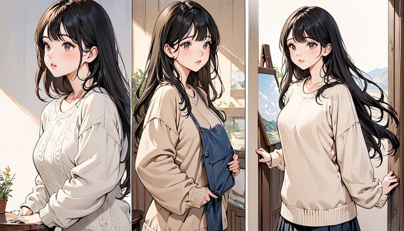 (Realistic painting style:1.0), Masterpiece, Best quality, absurderes, comic strip, illustration,
1 girl, Long hair, Black hair, Cute girl, young and cute girl, Korean girls, {Breasts}, 
long-sleeves sweater, Wear a long-sleeved sweater, Beige sweater,