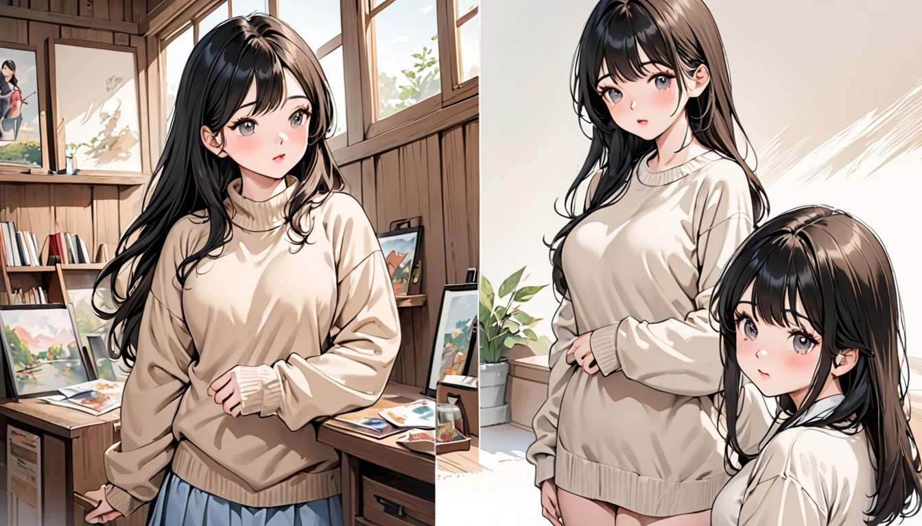 (Realistic painting style:1.0), Masterpiece, Best quality, absurderes, comic strip, illustration,
1 girl, Long hair, Black hair, Cute girl, young and cute girl, Korean girls, {Breasts}, 
long-sleeves sweater, Wear a long-sleeved sweater, Beige sweater,