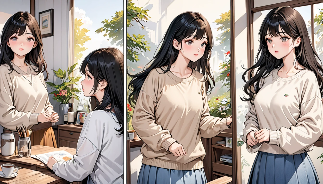 (Realistic painting style:1.0), Masterpiece, Best quality, absurderes, comic strip, illustration,
1 girl, Long hair, Black hair, Cute girl, young and cute girl, Korean girls, {Breasts}, 
long-sleeves sweater, Wear a long-sleeved sweater, Beige sweater,