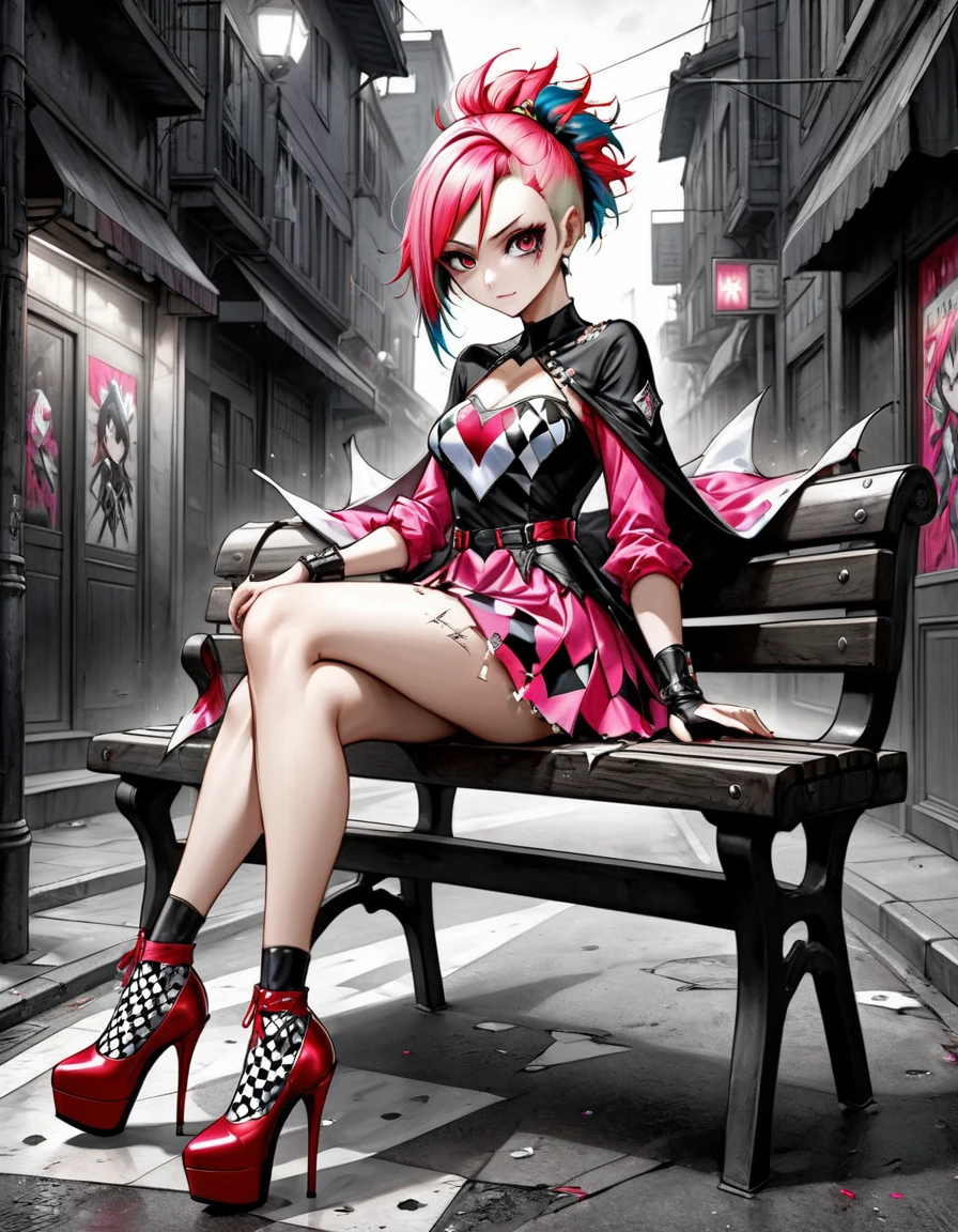 full hd 8k photo realism, anime style bleach super girl+ Serious Harlequin with straight mohawk hair dress in thin V cuts patterned stars ripped high heels walking on a dark gloomy street scared with a red sword in her hand style photo realism, fully detailed drawing in black and monochromatic bench and only the eyes are strong pink black