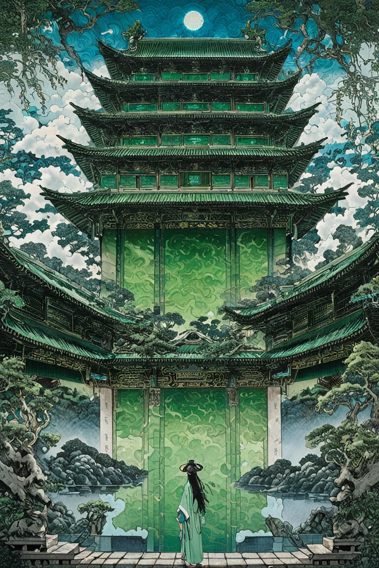 symmetry艺术,  symmetry, Water Drop,lightning, cloud,( (Green and cyan:1.3) (Looking at the audience:1.4),  masterpiece, Ultra-high resolution,Intricate details at wide angles, with an Green and cyan theme, this painting depicts a girl wearing an Green and cyan Hanfu, Surrounded by water. Behind the girl is an ancient Chinese building, There is a blue dragon in the sky. Water Drop,lightning, cloud,(high quality, Ultra-high lighting, Very detailed, Be focused, 8k ultra high definition, artistic masterpiece), Chinese Ink Painting,liujiyou, Wild grass 
