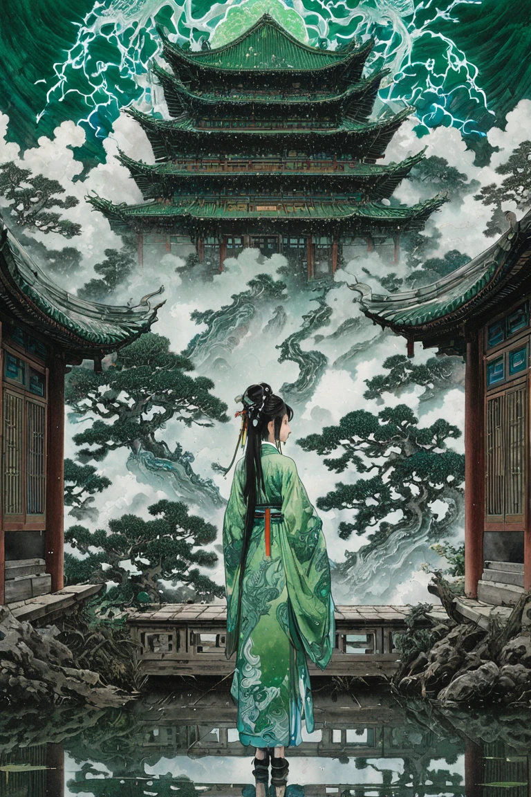 symmetry艺术,  symmetry, Water Drop,lightning, cloud,( (Green and cyan:1.3) (Looking at the audience:1.4),  masterpiece, Ultra-high resolution,Intricate details at wide angles, with an Green and cyan theme, this painting depicts a girl wearing an Green and cyan Hanfu, Surrounded by water. Behind the girl is an ancient Chinese building, There is a blue dragon in the sky. Water Drop,lightning, cloud,(high quality, Ultra-high lighting, Very detailed, Be focused, 8k ultra high definition, artistic masterpiece), Chinese Ink Painting,liujiyou, Wild grass 