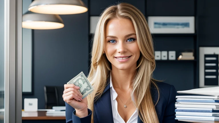 Very attractive woman, therapist. Long blonde hair. Dark blue eyes, facing the camera. Smiling. Expensive business suit. Expensive office. Holding dollar bills in her hands.