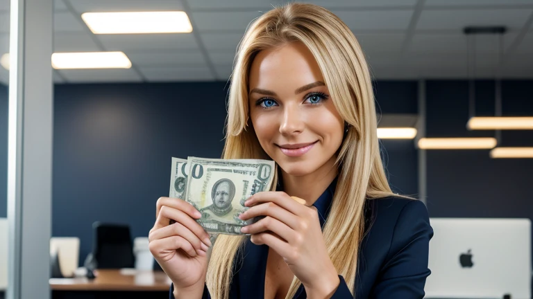 Very attractive woman, therapist. Long blonde hair. Dark blue eyes, facing the camera. Smiling. Expensive business suit. Expensive office. Holding dollar bills in her hands.