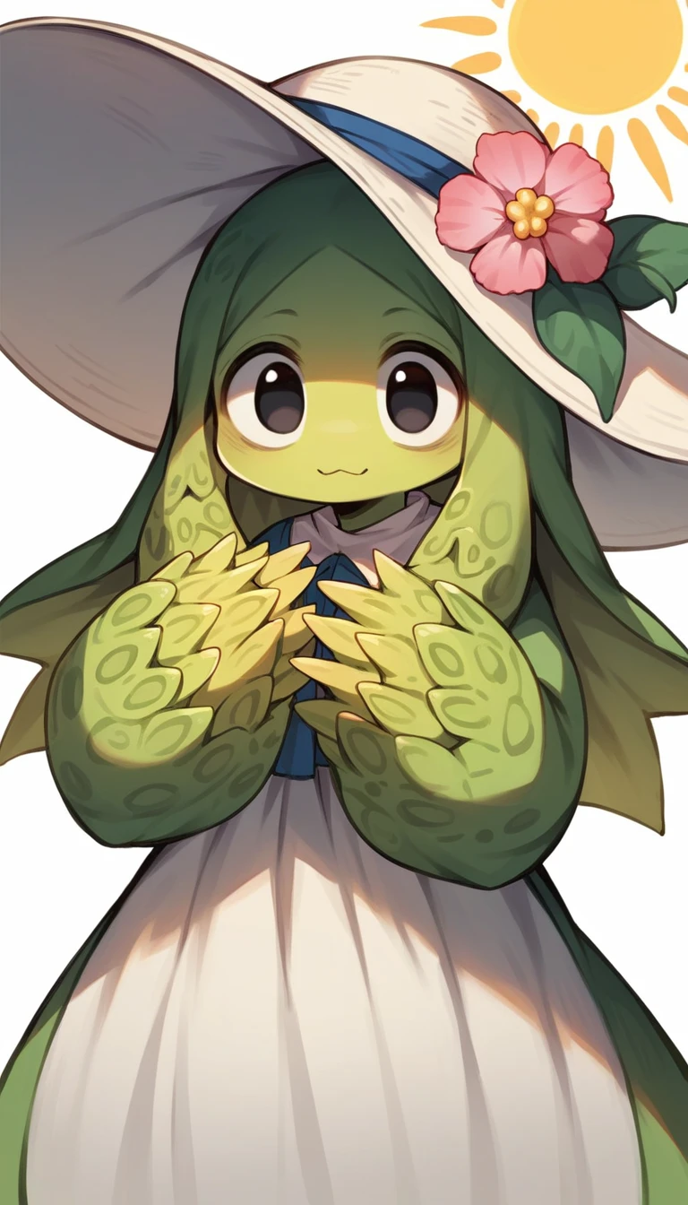 (Cute flower monster:1.5), (sun hat Cestrum nocturnum in her head:1.2), big eyes, full black eyes, cleric outfit