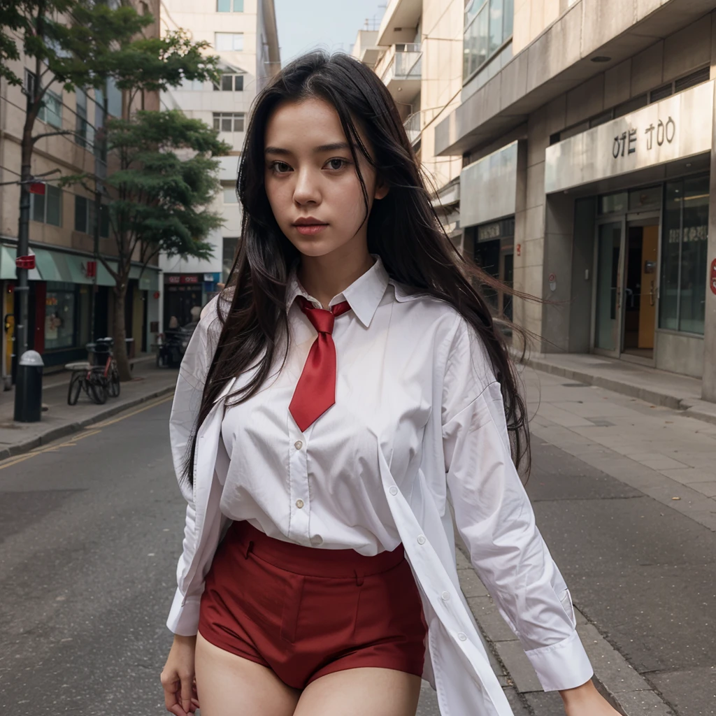 young female. She wear a white shirt and long red tie. She is in the street. Heavy wind. She have long black hair
