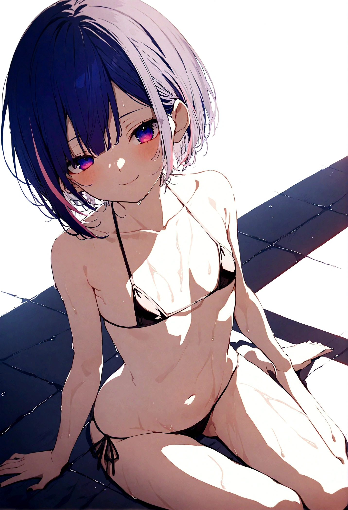(muste piece), (best quality), very detailed eyes, expressive eyes, perfect face, very detailed face, highly detailed face, beautiful girl, 8K, beautiful girl, white background, delicate and beautiful face and eyes, dark intense shadow, 1 girl, vtuber style, cool girl, hololive,  amane kanata, streaked hair, short hair, bikini, soaked, Bikini tops, bikini bottoms, String Only Micro Bikini, wet body, small chest, cropped shoulders, clavicle, one eye close winking, smile, body visible through clothes, chest visible through clothes, ass visible through thighs, (full body), sitting, open legs wide,