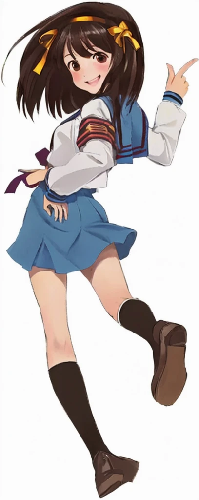 16 year old japanese ager with brown hair, shoulder length hair, with a prominent yellow headband, crossing her arms and smiling confidently, wearing a long sleeve sailor-suit. Inside of a school