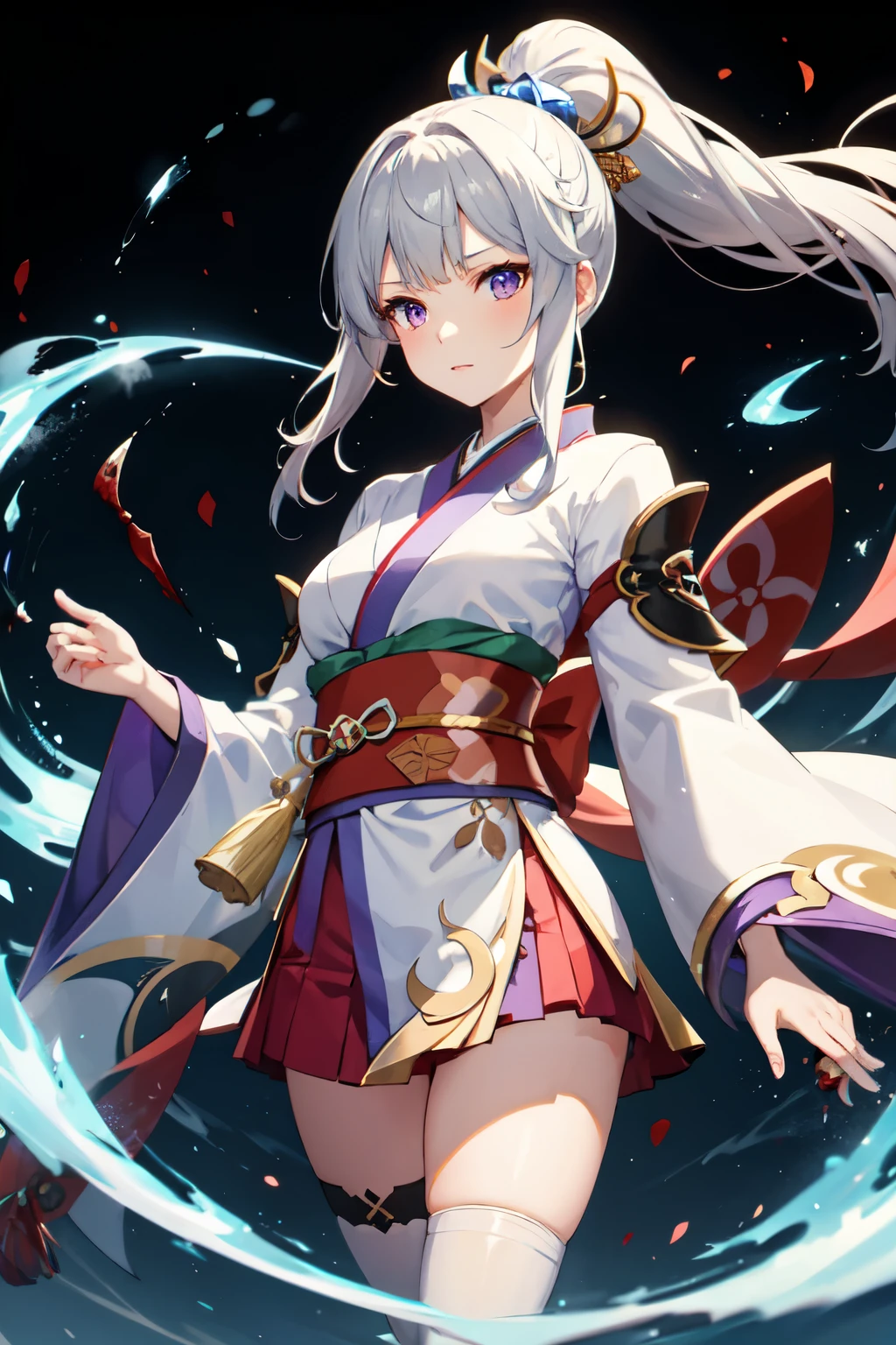 One girl, kimono, ponytail ,Gray Hair, Purple eyes, magic circle, Blue Fire, Blue Flame, wallpaper, landscape, Blood, Blood splatter, Depth of written boundary, night, Particles of light, light, Side Lighting, Thighs, destiny \(series\), Genshin Impact, Open jacket, skirt, Knee socks, cloud