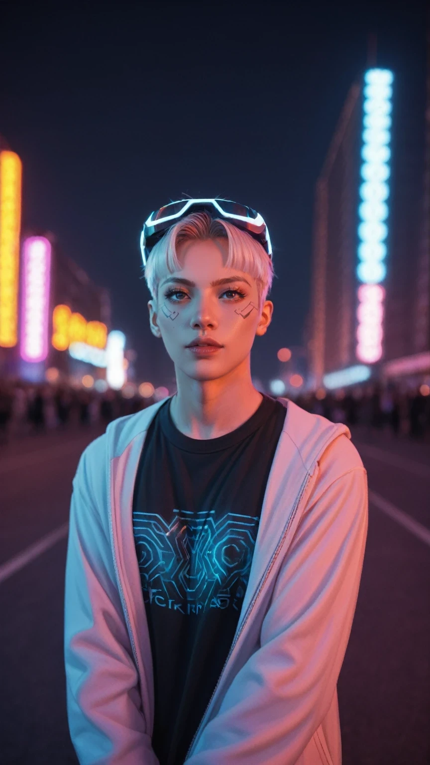 score_9, score_8_up, score_7_up, BREAK,
a cyberpunk girl, her face illuminated by the neon lights of a futuristic cityscape reflected in her visor. Circuit patterns run across her skin, and her eyes glow with digital data streams. The scene is enriched with visual effects such as lens flare and neon streaks, creating a vibrant and dynamic atmosphere. Shot with a Canon EOS R5, f/1.4, artificial neon lighting