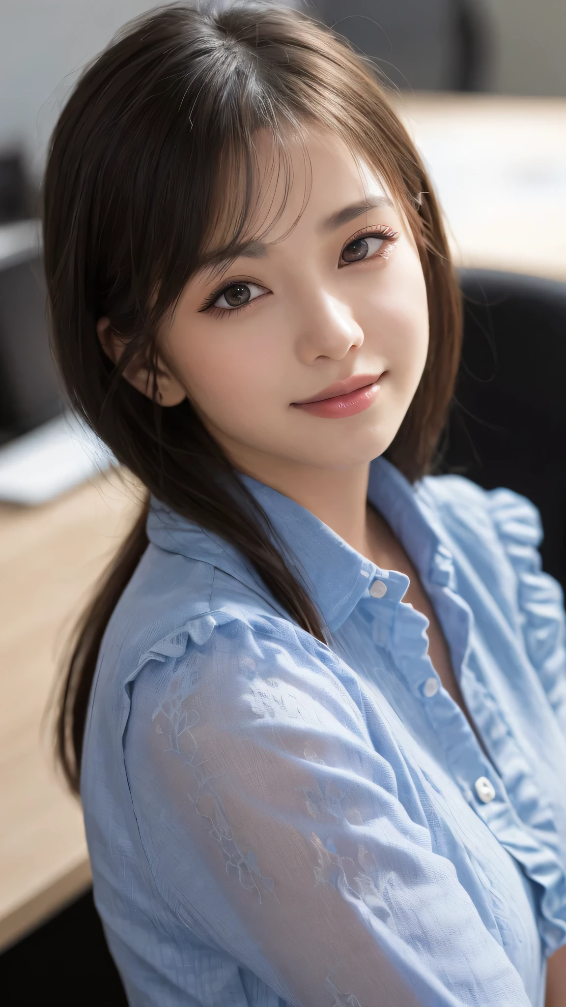 (1girl), (round eyes:1.2), (highly detailed face and eyes), smile, Amazing face and eyes, (frills shirt:1.3), (Best Quality:1.4), (Ultra-detailed), (extremely detailed CG unified 8k wallpaper), Highly detailed, High-definition raw color photos, Professional Photography, Realistic portrait, Amazing face and eyes, indoors, office, (office lady, casual, No sleeve:1.3), (A moment of relaxation), model, depth of fields, (fine face:1.2),