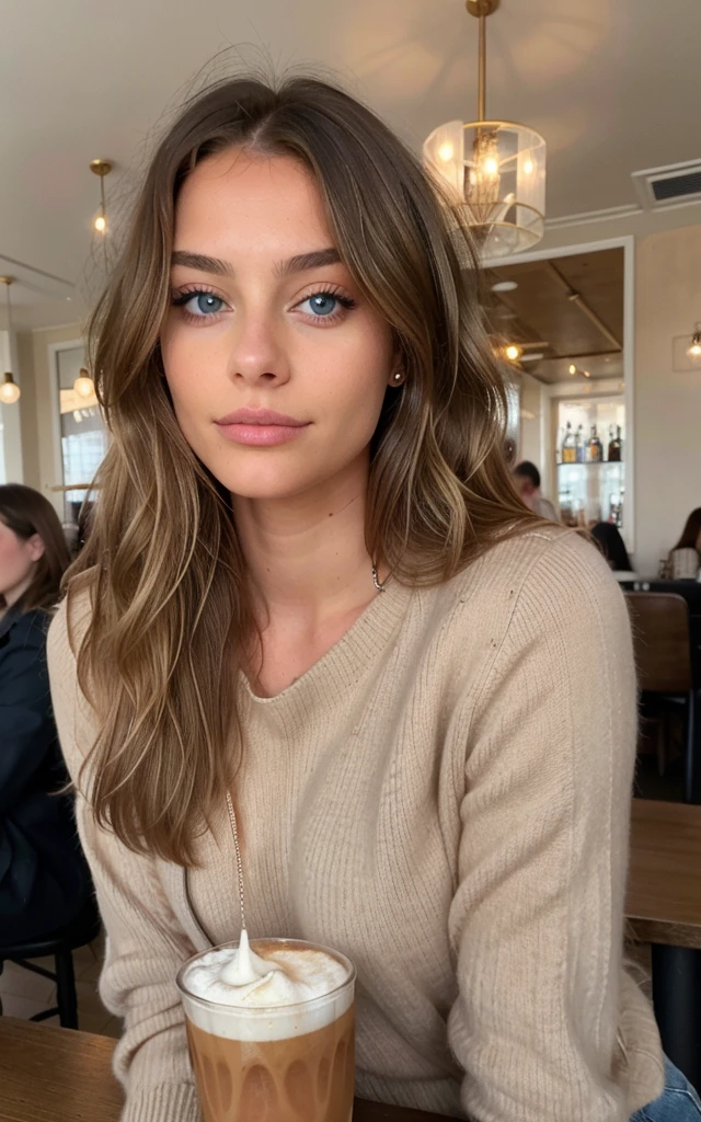 Belle brune aux reflets blonds portant un pull beige (in a cafe drinking detailed sodery, 22 ans, Visage innocent, natural wavy hair, blue eye, high resolution, head of'artwork, best quality, intricate details, very detailed, mise au point nette, detailed skin, texture de peau réaliste, texture, detailed eyes, professionnel, 4K, charming smile, filmed on Canon, 85 millimeters, shallow depth of field, Kodak Vision Color, corps parfaitement ajusté, extremely detailed, Photograph_\(ultra\), photorealistic, realistic, Post-traitement, Maximum details, roughness, real life, ultra realistic, photorealism, photographie, 8k uh, photographie, sexly