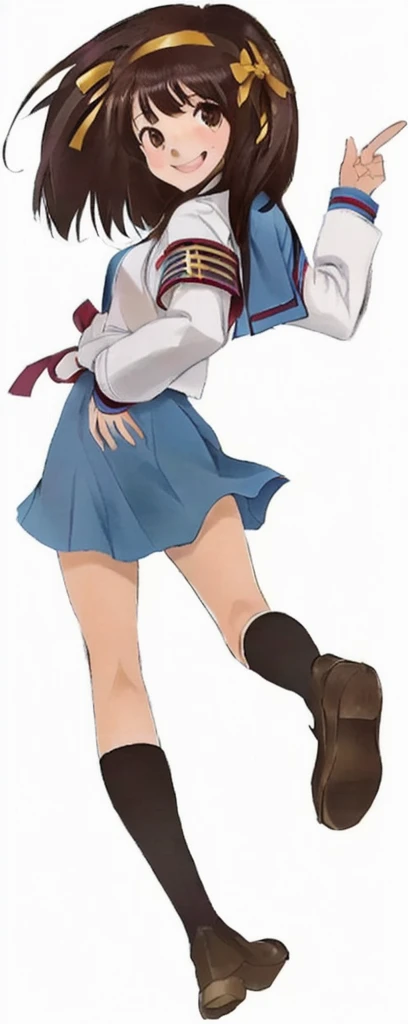 16 year old japanese teenager with brown hair, shoulder length hair, with a prominent yellow headband, crossing her arms and smiling confidently, wearing a long sleeve sailor-suit. Inside of a school