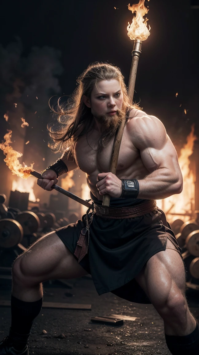 (Highest quality, 8K, 32k, masterpiece, Ultra-high resolution:1.2),Strong Viking Warrior, Nuns、church、Athletic ability, Background battle scene, masterpiece, (Muscle 2.1) Perfect lighting, Ultra-high resolution, 8K, (Fighting Pose, Holding a hammer) Background flames
