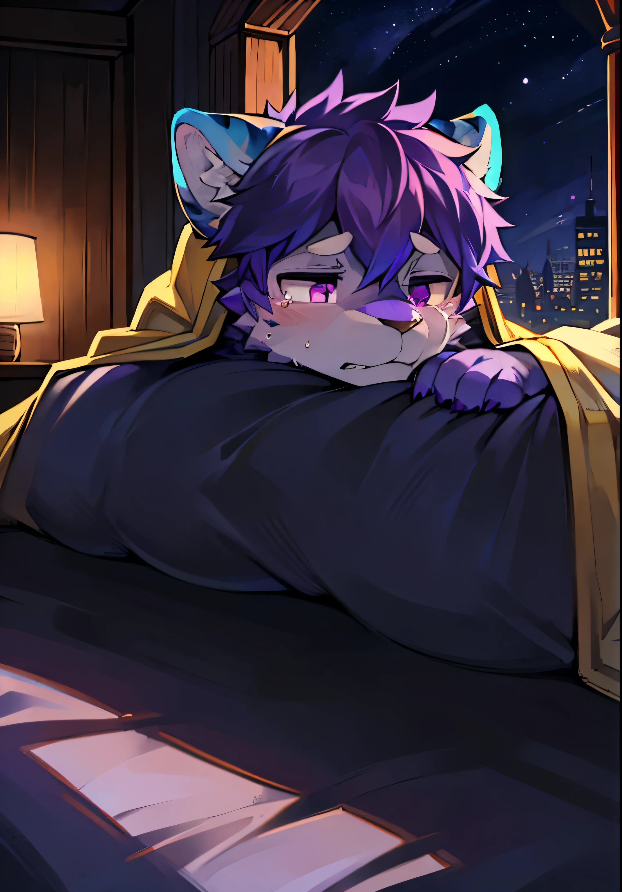Eyes are bright, panoramic, character focus.(Detailed background:0.7), 独奏,, hairy, Hairy Male, Male focus,(Hairy, Blue fur, Purple Eye, Blue-purple hair:1.2),(Big cats、Lion tiger beast，cloak：1.2），（Lying in bed、silently weeping sadness，night）