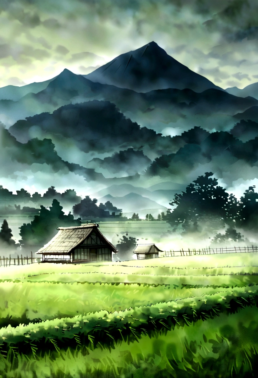 Vast steps々field, Mountain々, Hut, with Paddy field, Paddy field, Paddy fieldにきれいに植えられた稲の苗, hazey rain, village, agriculture, In a quiet landscape, hazey weather, 広大なIn a quiet landscape, early morning, in the morning haze, 小さなvillageの裏, haze, Japanese countryside, Thatched roof --v 6