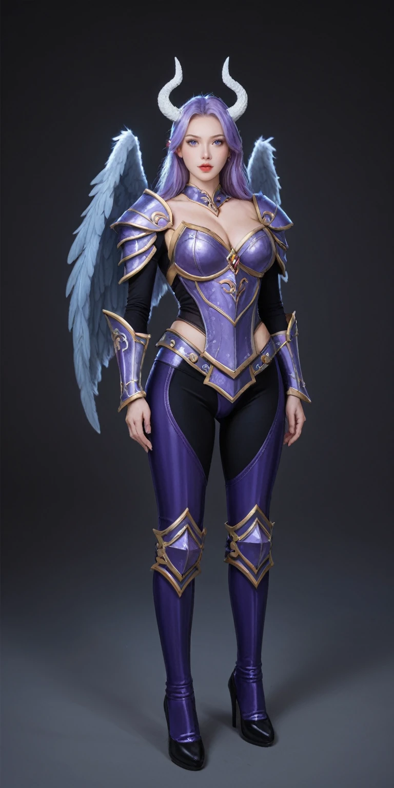 score_9, score_8_up, score_7_up, BREAK,
a close up of a person wearing a costume, cgsociety contest winner, fantasy art, dark angel, purple armor, fantasy art behance, white horns queen demon,full body
