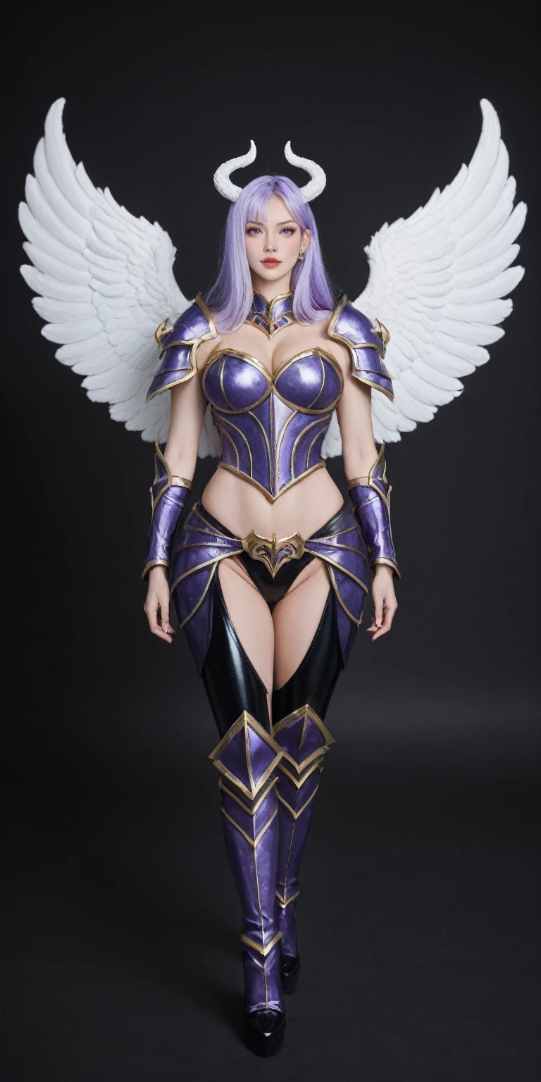 score_9, score_8_up, score_7_up, BREAK,
 a close up of a person wearing a costume, cgsociety contest winner, fantasy art, dark angel, purple armor, fantasy art behance, white horns queen demon,full body