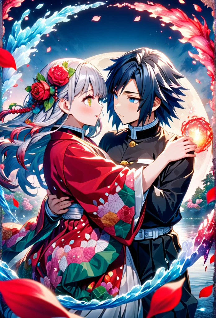 Ultra detailed, highres, absurdres, HDR, master piece, anime girl, pretty woman with white long hair with deep red streaks, girl with yellow eyes, girl with red haori, black demon slayer uniform, Kimetsu No Yaiba, fantasy, petals, red flowers, pretty, Tomioka Giyu, Water Hashira, Tomioka deep blue eyes, huging, romance, magic, moon, best quality, extremely detailed face, love, passion, romance, anime, they are realy in love, love hug