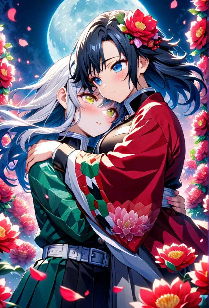 Ultra detailed, highres, absurdres, HDR, master piece, anime girl, pretty woman with white long hair with deep red streaks, girl with yellow eyes, girl with red haori, black demon slayer uniform, Kimetsu No Yaiba, fantasy, petals, red flowers, pretty, Tomioka Giyu, Water Hashira, Tomioka deep blue eyes, huging, romance, magic, moon, best quality, extremely detailed face, love, passion, romance, anime, they are realy in love, love hug