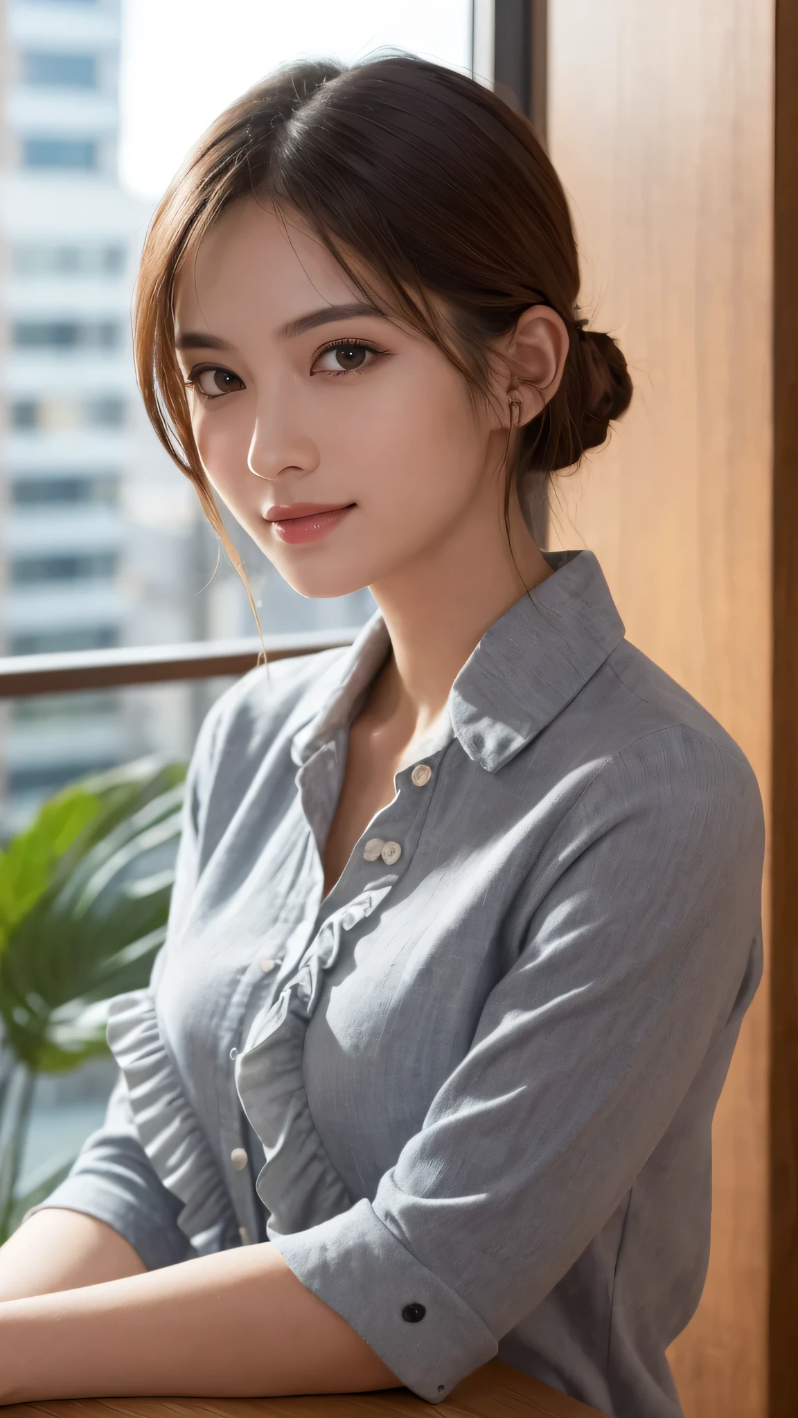 (1girl), (round eyes:1.2), (highly detailed face and eyes), smile, Amazing face and eyes, (frills shirt:1.3), (Best Quality:1.4), (Ultra-detailed), (extremely detailed CG unified 8k wallpaper), Highly detailed, High-definition raw color photos, Professional Photography, Realistic portrait, Amazing face and eyes, indoors, office, (office lady, casual, No sleeve:1.3), (A moment of relaxation), model, depth of fields, (fine face:1.2),
