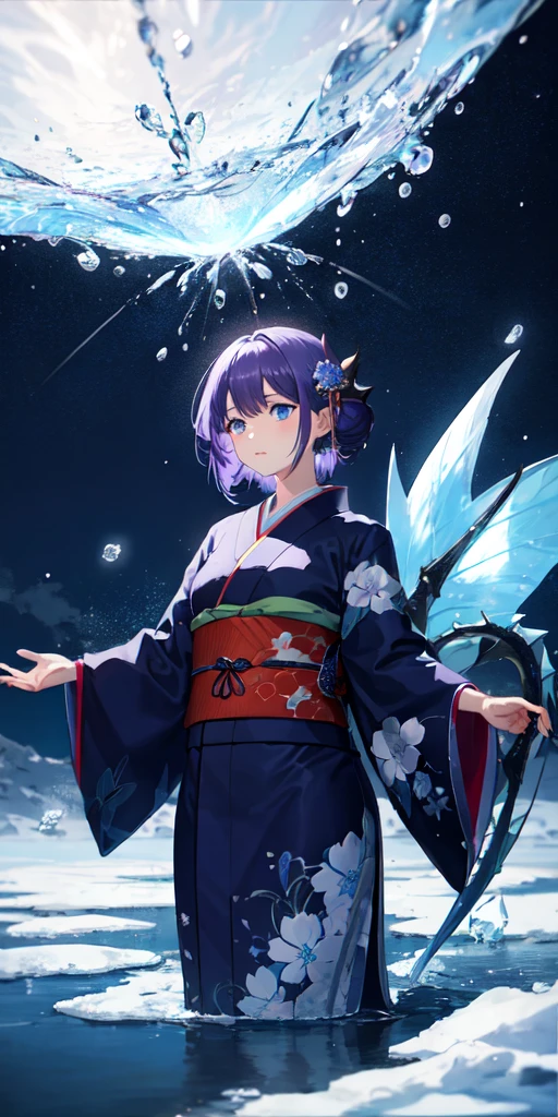 One woman, Purple Hair, blue eyes,Water and Ice Witch, Particles of light, light, wallpaper, High Contrast, colorful,Black and indigo kimono、Snowstorm、dragon