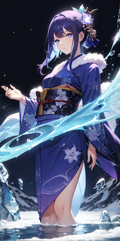 One woman, Purple Hair, blue eyes,Water and Ice Witch,  Particles of light, light, wallpaper, High Contrast, colorful,Black and indigo kimono、Snowstorm、dragon