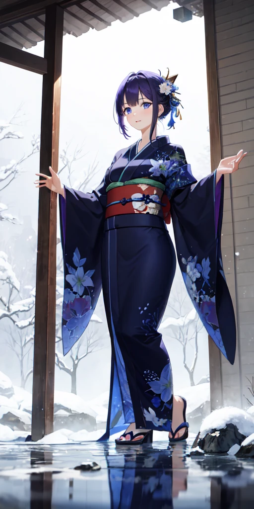One woman, Purple Hair, blue eyes,Water and Ice Witch, Particles of light, light, wallpaper, High Contrast, colorful,Black and indigo kimono、Snowstorm、dragon