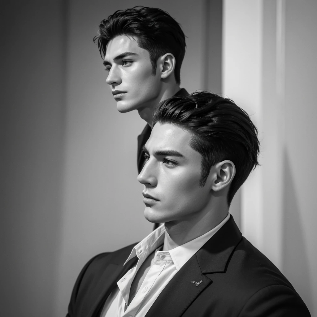 a very handsome man as if a men's hair shower gel advertisement, shirt, active, clowded, standing on the side of a street next to a building, slightly defined jawline, masculine jawline, masculine jawline!, prominent jawline, well defined jawline, sharp jawline, thick jawline, strong jawline, defined jawline, chiseled jawline, side profile portrait, handsome chad chin