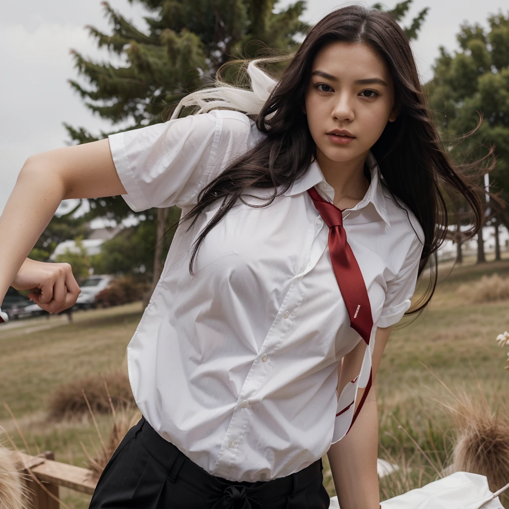 young female. She wear a white shirt and long red tie. The tie is long. Heavy wind. Tie moving. Long black hair