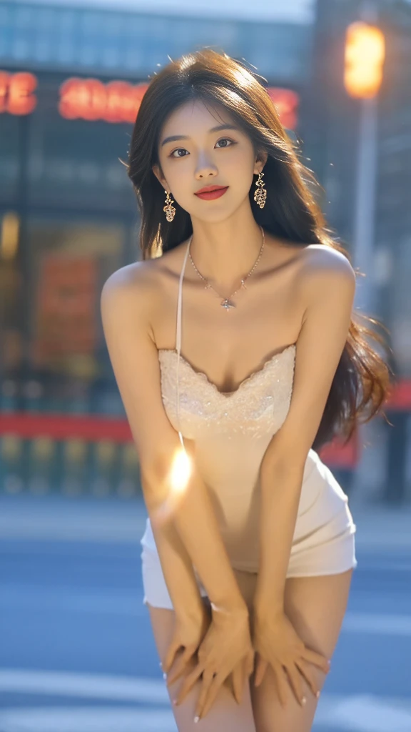((whole body)), ((from below)), ((gufeng,bare shoulders)), clear face, pretty face, 8K, masterpiece, original photo, best quality, detail:1.2,lifelike, detail, Very detailed, CG, unity, wallpaper, depth of field, movie light, lens flare, Ray tracing, (extremely beautiful face, beautiful lips, beautiful eyes), complicated, detail face, ((ultra detailed skin)), 1 girl, in the darkness, deep shadow, beautiful korean girl, kpop idol,(Very slim figure:1.3), Huge breasts, Cleavage,Slender sexy legs, elegant posture, (bright smile), (City night, (neon lights), (night), beautiful korean girl, white diamond earrings, diameter bracelet, Dia Necklace, clear eyes, facing forward, (big eyes)