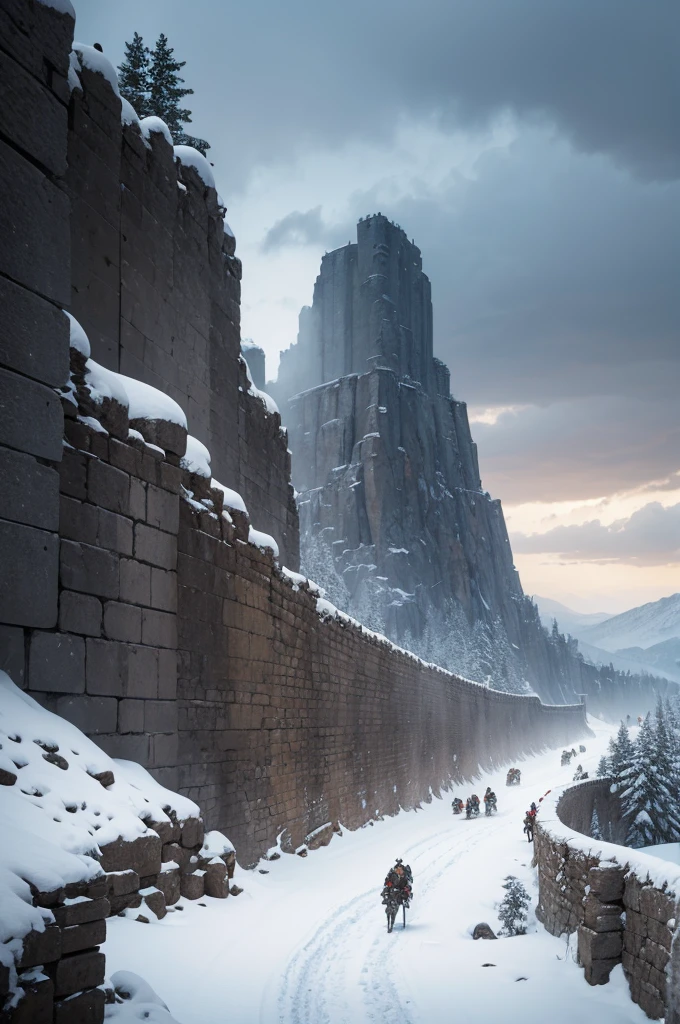 Build a gigantic 75 meter wall until the end of the image, it has several knights with some having horses trying to pass through the wall, several knights are on fire, the wall is on fire and there are several gray parts on it, the wall is made of stone and giant, around the wall it is cold with snow