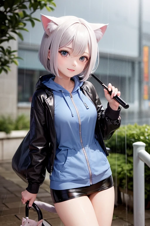 Girl holding an umbrella, rain, Wet clothes, Cat ear