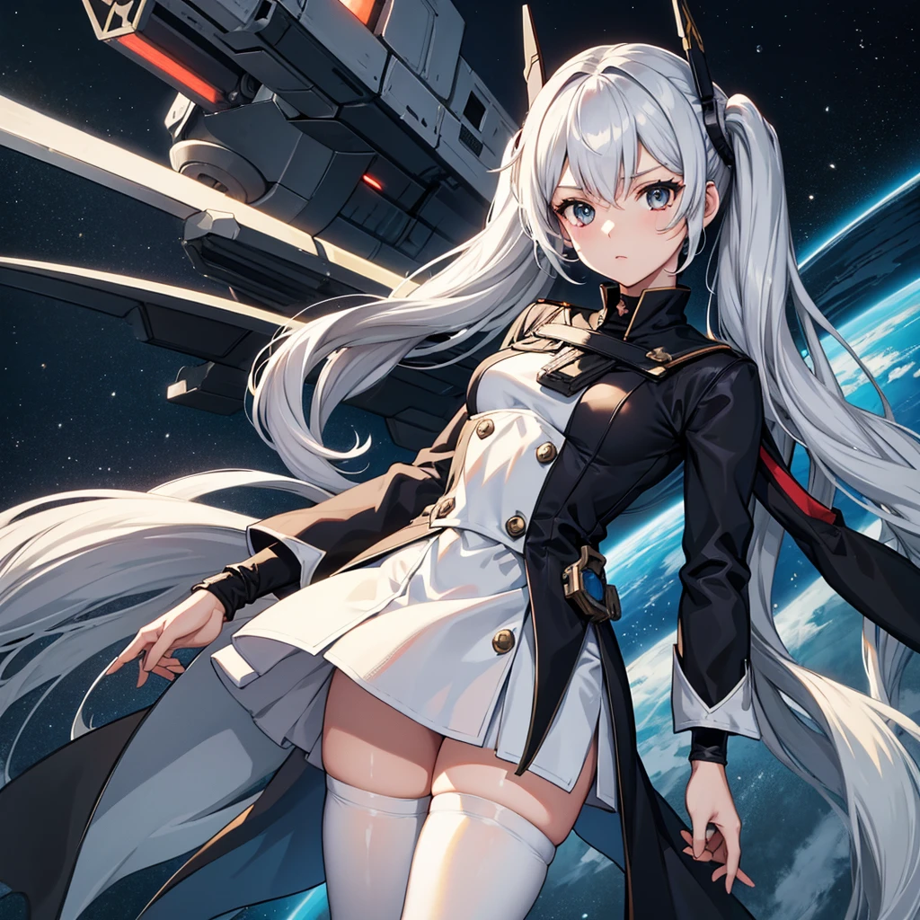 Space Battleship Bridge、Uniform based on white、((black tights)), silver hair, twintails, very long hair, upturned eyes, anime, cowboy shot, best quality, masterpiece, 4K
