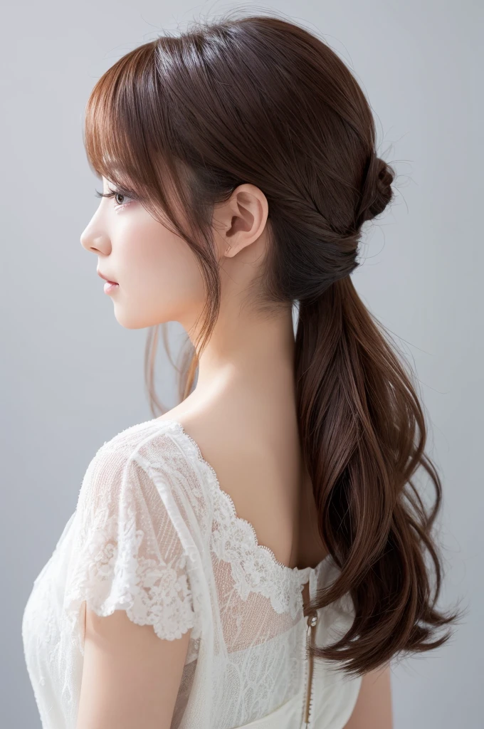 A woman with beautiful hair、Only hair、Back view、photograph、high resolution、straight、natural、White background、Smooth、Fluttering