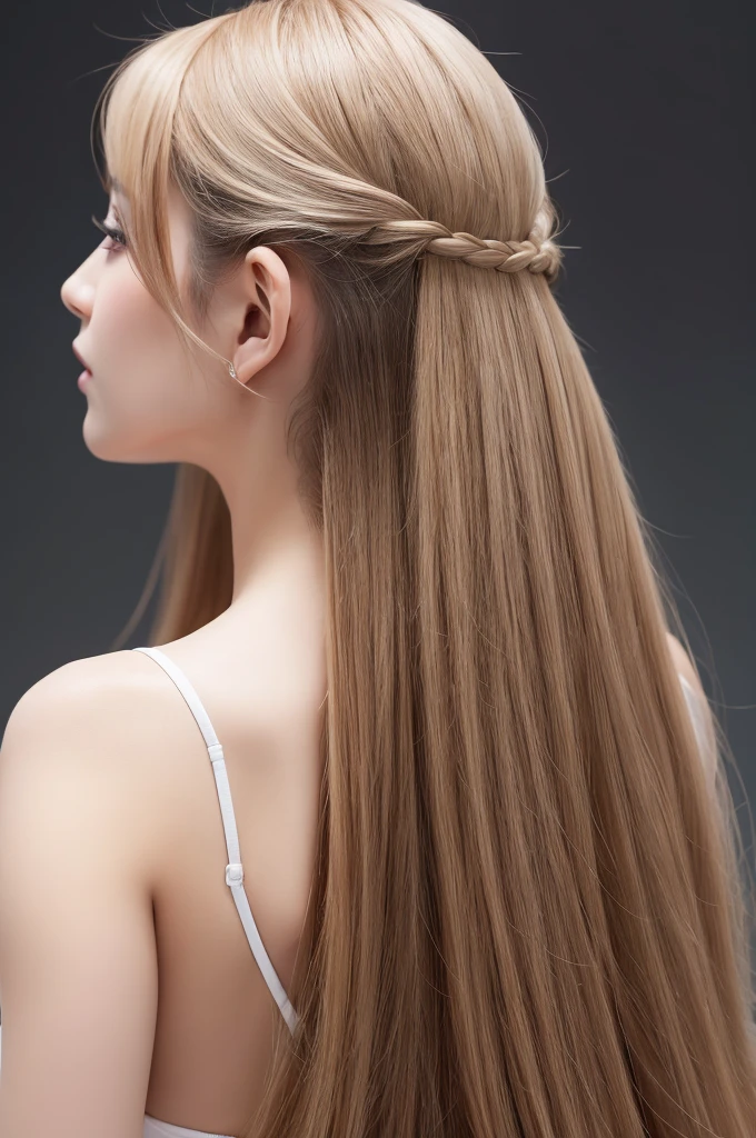 A woman with beautiful hair、Only hair、Back view、photograph、high resolution、straight、natural、White background、Smooth、Fluttering