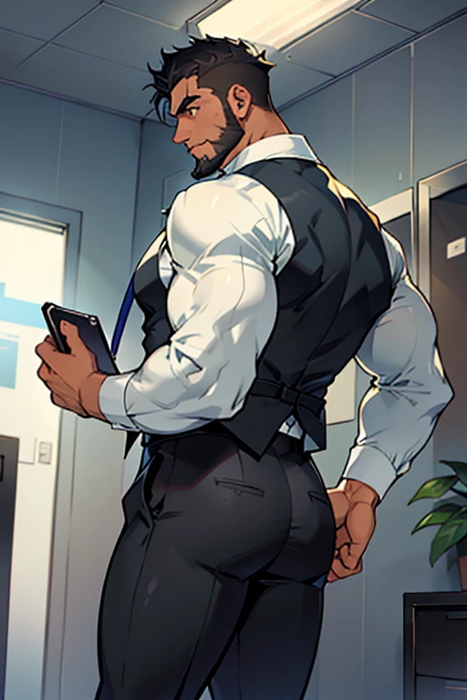 4k, masterpiece, high resolution:1.2, 1 man, solo, bara, muscular, big physique, crew cut hair, facial hair, chest, wide shoulder, biceps, thighs, triceps, butt, black hair, cute smile, friendly, standing in an office, wearing formal trousers, wearing formal stripes pattern office shirt, wearing glasses, upstairs office in the background, ultra detailed, shredded muscle, flat style (((wearing harness))) (((view from the side, thick huge ass))) and humping a table