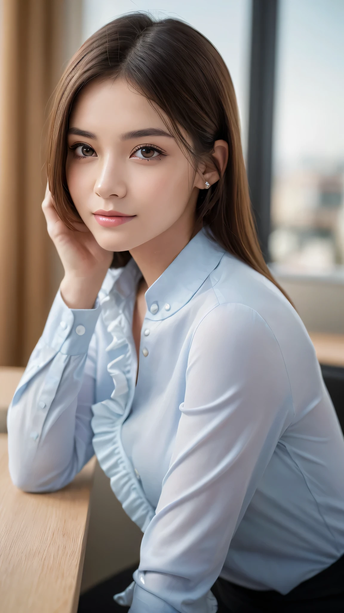 (1girl), (round eyes:1.2), (highly detailed face and eyes), smile, Amazing face and eyes, (frills shirt:1.3), (Best Quality:1.4), (Ultra-detailed), (extremely detailed CG unified 8k wallpaper), Highly detailed, High-definition raw color photos, Professional Photography, Realistic portrait, Amazing face and eyes, indoors, office, (office lady, casual:1.3), (A moment of relaxation), model, depth of fields, (fine face:1.2),