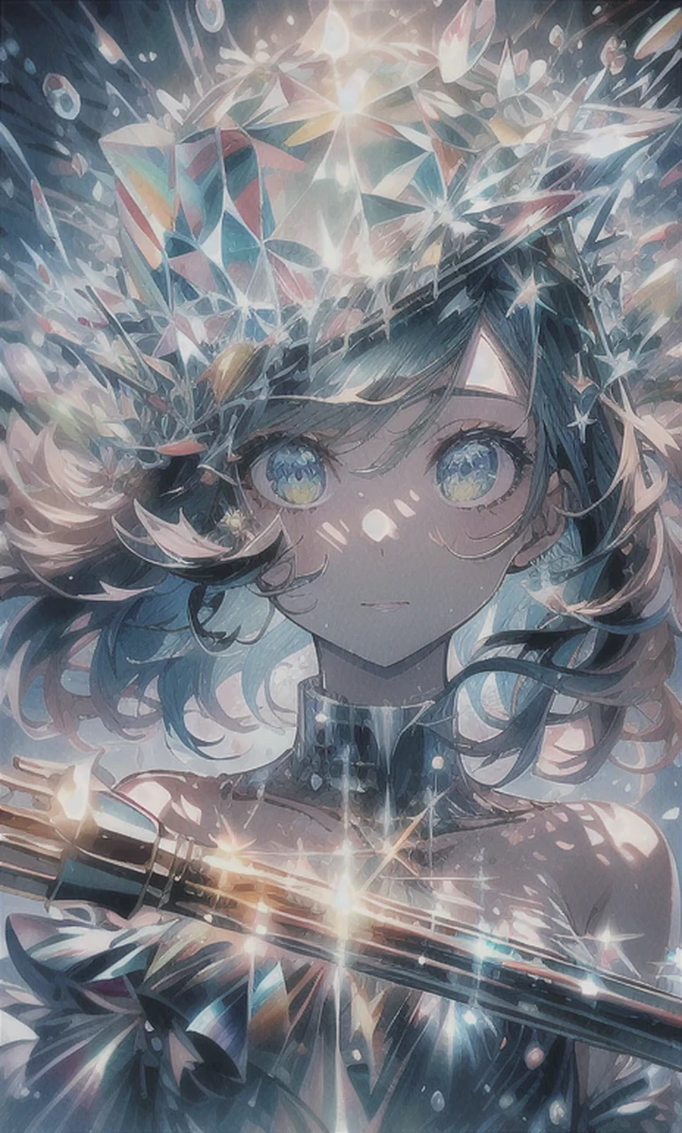 Girl swimming underwater,Ultra-detailed rendering style,shine,yellow,green,Brush,Surreal oil painting,Shining Eyes,Head close-up,Exaggerated perspective,Tyndall effect,Water Drop,Mother of pearl rainbow color,holographic white,Black background,