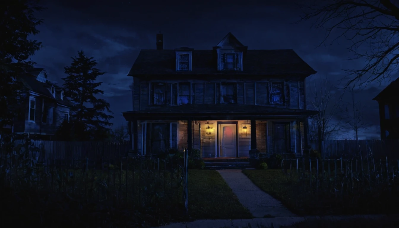 Create a YouTube thumbnail for a horror-themed video about home invasion stories. The overall aesthetic should be dark and eerie.
The setting is a suburban house at night.
The house should have a dim porch light illuminating the entrance.
A shadowy figure stands in the foreground, facing the house. The figure should be holding a weapon, such as a bat or crowbar.
The background should include some trees and a fence, adding to the suburban feel.
Use a dark color palette with shades of black, blue, and orange to emphasize the night setting.
The title text should read: "Scary Home Invasion Horror Stories" and be placed at the bottom of the image. Use a white, bold, and slightly distressed font to match the horror theme.
