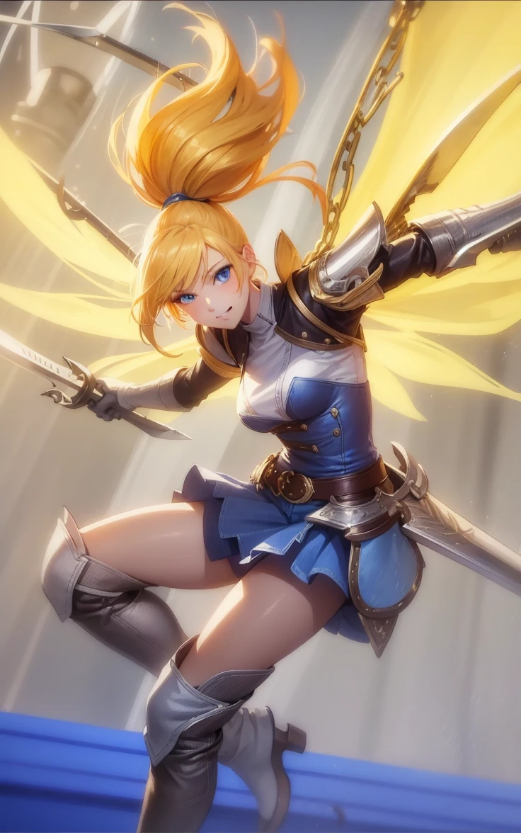 Young girls, blond with short hair, high ponytails, eBlue eyes, ssmile, Blue skinny shirt, denim pant, open shower room, Two swords, fly by rope, tmasterpiece, high high quality, 4K, k hd, Nice details