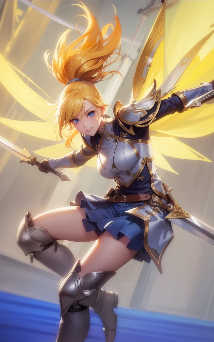 Young girls, blond with short hair, high ponytails, eBlue eyes, ssmile, Blue skinny shirt, denim pant, open shower room, Two swords, fly by rope, tmasterpiece, high high quality, 4K, k hd, Nice details