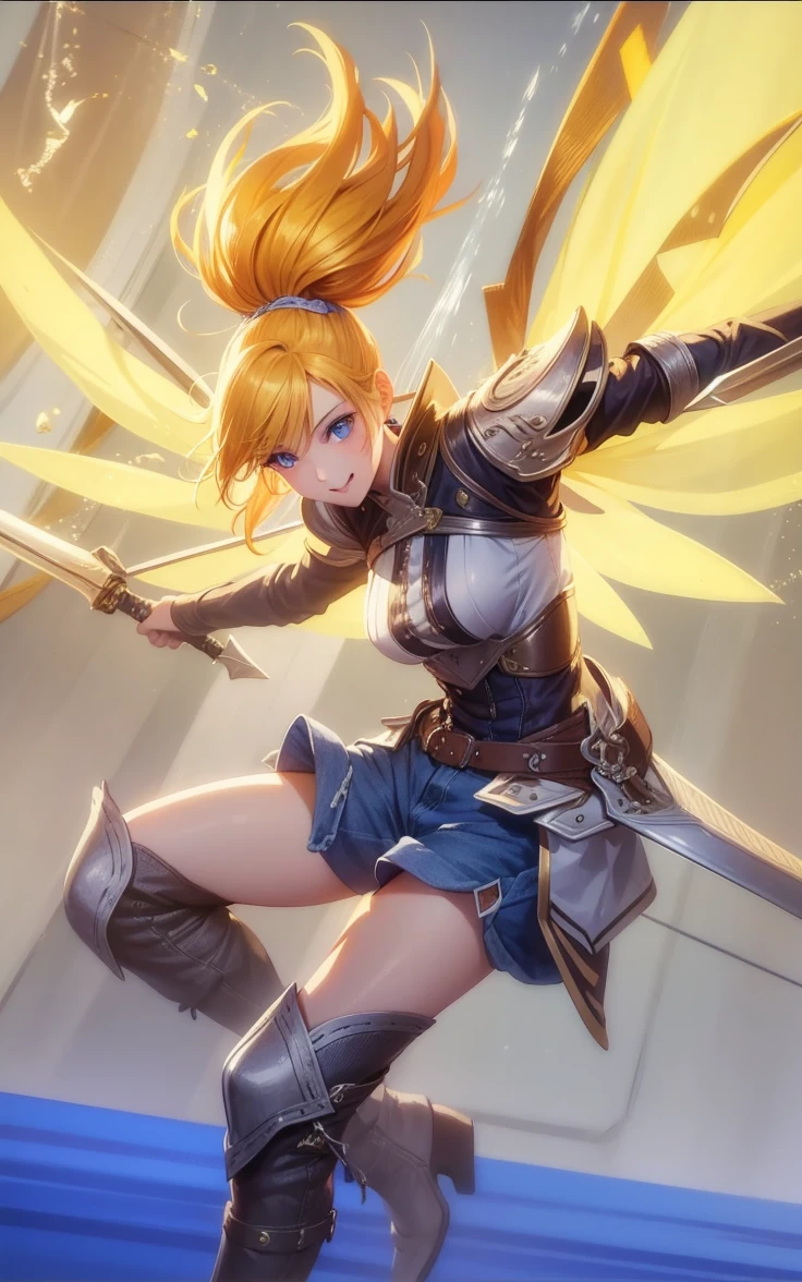 Young girls, blond with short hair, high ponytails, eBlue eyes, ssmile, Blue skinny shirt, denim pant, open shower room, Two swords, fly by rope, tmasterpiece, high high quality, 4K, k hd, Nice details